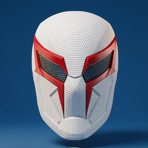 May include: A white and red superhero mask with a textured surface. The mask features red accents around the eyes and a black mesh over the eye openings. The design is symmetrical and futuristic, set against a blue background.