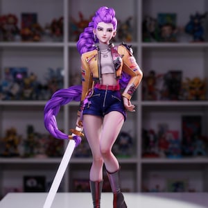 May include: A detailed figurine of a female character with long purple hair, wearing a yellow jacket, blue shorts, and black boots. She holds a sword and stands on a glowing platform. The figure has a dynamic pose and intricate details, showcasing a modern aesthetic.