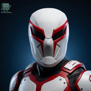 Puede incluir: Un casco futurista blanco y rojo con una superficie texturizada y un dise&ntilde;o angular. El casco presenta detalles rojos alrededor de los ojos y la boca, con un &aacute;rea de malla negra para la visi&oacute;n. El dise&ntilde;o incluye una armadura roja y blanca a juego.