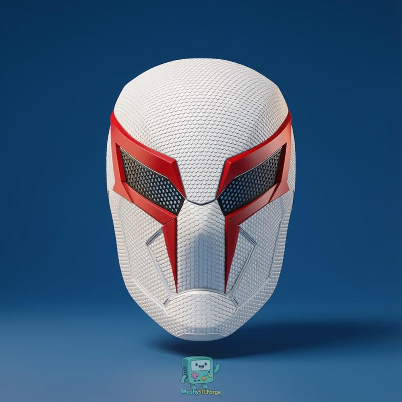 May include: A white and red superhero mask with a textured surface. The mask features red accents around the eyes and a black mesh over the eye openings. The design is symmetrical and futuristic, set against a blue background.