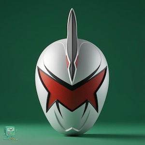 Puede incluir: Un casco blanco y rojo con contorno negro y aleta central. El casco tiene un diseño estilizado con un elemento rojo en forma de X en la parte delantera. El fondo es de color verde liso. El texto "MeshSTLForge" es visible en la esquina inferior izquierda.