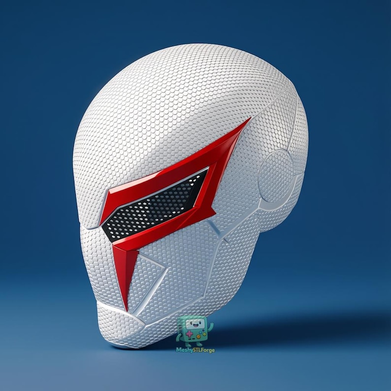 Puede incluir: Casco futurista blanco y rojo con superficie texturizada. El casco presenta un dise&ntilde;o angular rojo alrededor de los ojos y una ventilaci&oacute;n en forma de malla. El dise&ntilde;o se encuentra sobre un fondo azul.