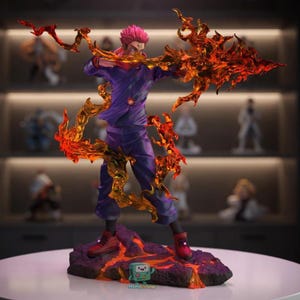 May include: A detailed figurine of a character in a purple outfit with pink hair, surrounded by fiery orange and gold energy. The figure stands on a lava-like base, with red shoes. The background features other figurines.