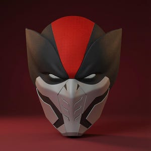 May include: A detailed mask with a black and red color scheme. The mask features a red stripe down the center and a silver-colored faceplate with intricate designs. The eyes have a glowing effect, adding to the mask's striking appearance.