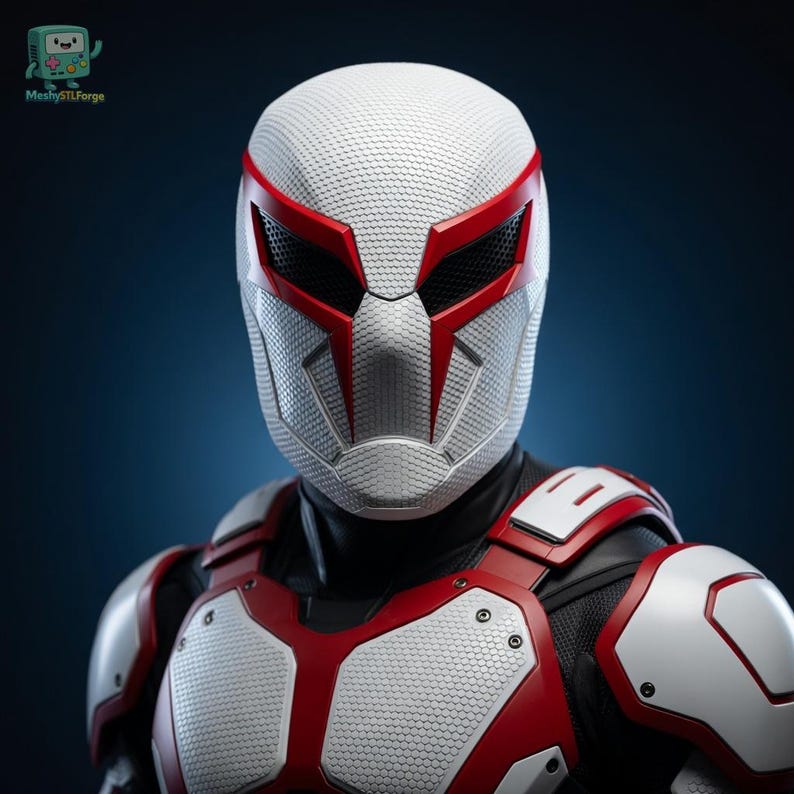 Puede incluir: Un casco futurista blanco y rojo con una superficie texturizada y un dise&ntilde;o angular. El casco presenta detalles rojos alrededor de los ojos y la boca, con un &aacute;rea de malla negra para la visi&oacute;n. El dise&ntilde;o incluye una armadura roja y blanca a juego.