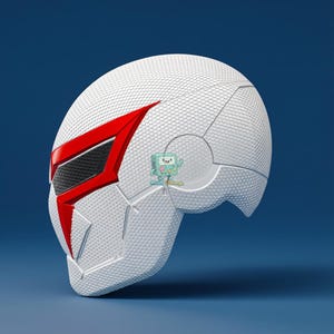 Puede incluir: Un casco blanco con superficie texturizada y detalles rojos. El casco presenta un dise&ntilde;o geom&eacute;trico con una visera roja y un &aacute;rea de malla gris oscuro. El dise&ntilde;o general es futurista y elegante, con &aacute;ngulos agudos y l&iacute;neas limpias.