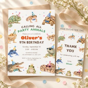 May include: A birthday invitation and thank you tag set featuring watercolour illustrations of reptiles and amphibians wearing party hats. The text reads CALLING ALL PARTY ANIMALS, Oliver's 9TH BIRTHDAY, and THANK YOU, with event details included.