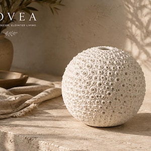 Può includere: Un vaso sferico in ceramica color bianco sporco con una superficie altamente strutturata e porosa che ricorda un guscio di riccio di mare. Il vaso presenta una piccola apertura circolare sulla parte superiore ed è posizionato su una superficie piana. Il testo BOVEA TIMELESS DECOR, ELEVATED LIVING è visibile nell'angolo in alto a sinistra.