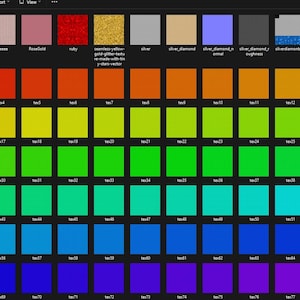 May include: A digital display showcasing a variety of color swatches and textures. The top row features textures like rose gold, ruby, and gold glitter. Below, a grid of vibrant squares displays a spectrum of colors, from red and orange to blue and purple.