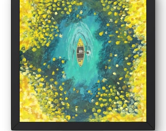 Dipinto originale a pastello ad olio, paesaggio con barca e lago, vista aerea, arte murale naturalistica