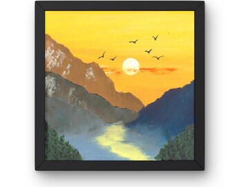 Sunset Mountain River Oil Pastel Painting, Valley Landscape Wall Art, Birds Nature Decor