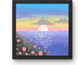 Sunset Ocean Oil Pastel Painting, Floral Seascape Wall Art, Calm Water Reflection Decor