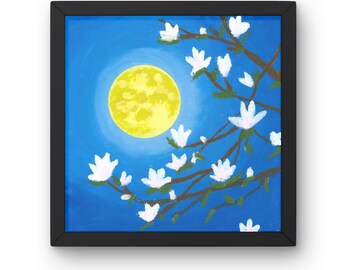 Full Moon Blossom Oil Pastel Painting, Night Sky Floral Wall Art, Calm Nature Decor