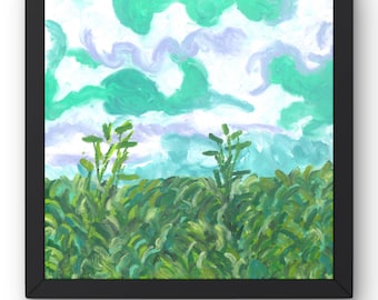 Oil Pastel Painting Original Green Landscape Sky Nature Wall Art Impressionist Style