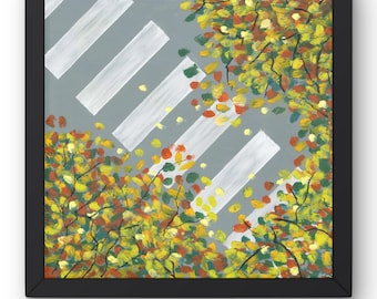 Oil Pastel Painting Original, Autumn Leaves Crosswalk Scene, Urban Landscape Wall Art, Fall Street View Decor