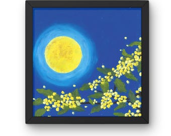 Full Moon Oil Pastel Painting, Night Sky Floral Landscape Wall Art, Blue Nature Decor