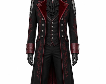 Men’s Victorian Gothic Military Coat, Vampire Prince Frock Coat, Black Red Embroidered Steampunk Tailcoat, Gothic Fantasy Wedding Jacket