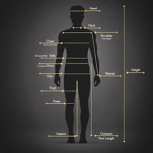 May include: Silhouette of a person with measurement labels for tailoring. Labels include chest, waist, hips, inseam, and height. The image is on a dark gray background, with yellow dotted lines and text.