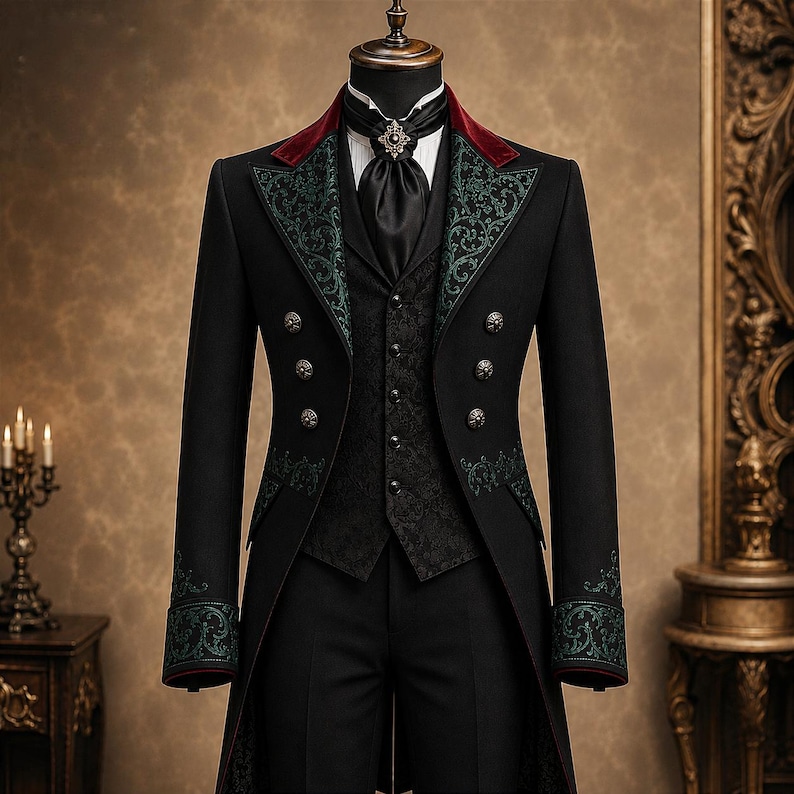May include: A black formal suit with a velvet burgundy collar and green embroidered detailing. The suit includes a double-breasted jacket, vest, and trousers. The ensemble is displayed on a mannequin, showcasing its intricate design and tailored fit.