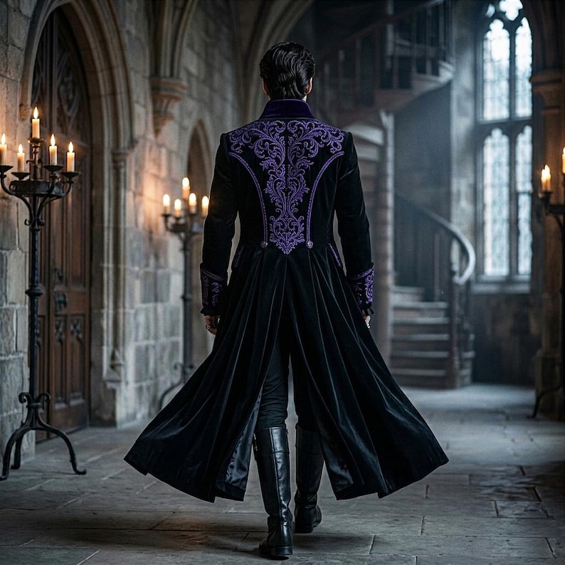May include: A long black velvet coat with intricate purple embroidery on the back and sleeves. The coat features a high collar and a flowing design, suitable for cosplay or gothic fashion. The person is wearing black boots and pants.
