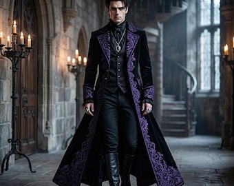 Men's Gothic Wedding Coat, Black & Purple Embroidered Long Coat, 3 Piece Groom Outfit, Long Victorian Frock Coat