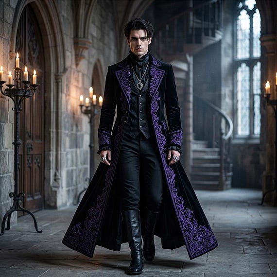 Men's Gothic Wedding Coat, Black & Purple Embroidered Long Coat, 3 Piece Groom Outfit, Long Victorian Frock Coat