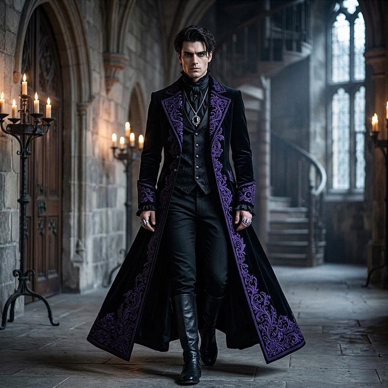 May include: A black velvet coat with purple embroidered detailing, worn over a black vest and trousers. The coat features ornate purple patterns along the edges and cuffs. The outfit is completed with black boots and a silver pendant necklace. The setting is a gothic-style interior.