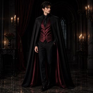 May include: A floor-length black cape with a deep burgundy lining worn over a matching burgundy satin waistcoat, a black button-down shirt, and black trousers. The ensemble features a high collar, a dark tie, and a structured, formal appearance.