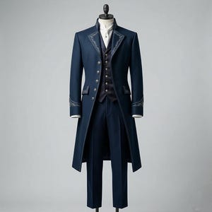 May include: A navy blue three-piece suit displayed on a mannequin. The suit includes a long coat with embroidered detailing, a vest, and trousers. The coat has a high collar and button closures. The vest has a row of buttons. The suit is a formal style.