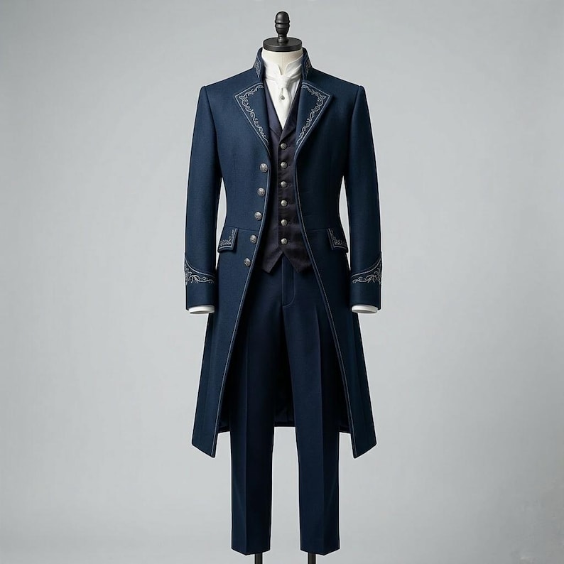 May include: A navy blue three-piece suit displayed on a mannequin. The suit includes a long coat with embroidered detailing, a vest, and trousers. The coat has a high collar and button closures. The vest has a row of buttons. The suit is a formal style.