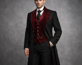 Men’s Black Burgundy Tailcoat Suit, Victorian Wedding Tuxedo, Gothic Groom Outfit, Velvet Waistcoat Formal Suit, Steampunk Long Coat