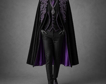 Pode incluir: Uma capa de veludo preto com bordados florais roxos, usada sobre um colete preto com debrum roxo, camisa preta, gravata roxa e calças pretas. O conjunto inclui um pingente escuro e sapatos pretos com detalhes bordados em roxo.
