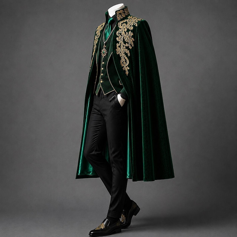 May include: A dark green velvet cape featuring intricate gold embroidery along the collar and front panels, worn over a matching green vest, a green shirt with a tie, black trousers, and black dress shoes with gold accents on the toes.