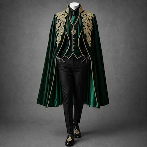 May include: A dark green velvet cape featuring intricate gold embroidery on the shoulders, worn over a matching green vest with gold buttons, a green tie, a gold pendant necklace, black trousers, and black shoes with gold embellishments.