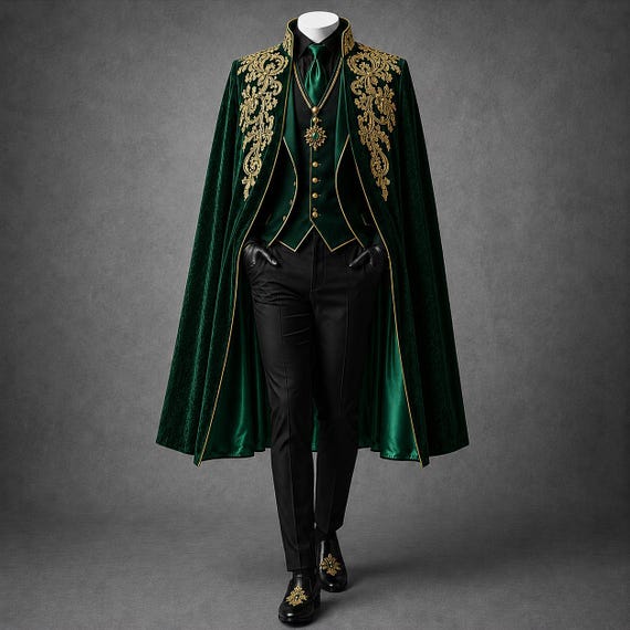 Emerald Green Gothic Cape Suit for Men, Victorian Wedding Cape, Embroidered Gothic Groom Outfit, Aristocrat Formal Wear