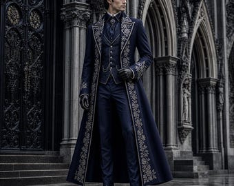Regency Style Coat for Men, Navy Blue Gothic Wedding Coat, Embroidered Long Formal Coat, Victorian Aristocrat Groom Wear