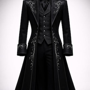 May include: A black long coat featuring silver floral embroidery on the lapels and cuffs, worn over a dark grey button-up vest and a black shirt with a cravat. The ensemble includes matching black trousers, creating a formal, structured appearance.