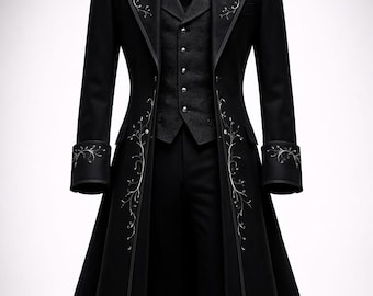 Schwarzer, gotischer Aristokraten-Anzug für Herren, viktorianischer, bestickter Hochzeitsmantel, Steampunk-Anzug für formelle Anlässe, dunkler Anzug für den Bräutigam im königlichen Stil