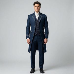Men's Navy Blue Victorian Tailcoat Suit – Gothic Wedding, Steampunk Aristocrat Formal Wear image 3