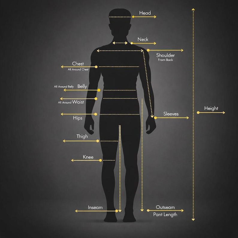 May include: A silhouette of a person with measurement labels for tailoring. Labels include chest, waist, hips, inseam, and height. The image is on a dark gray background, with yellow dotted lines and text.
