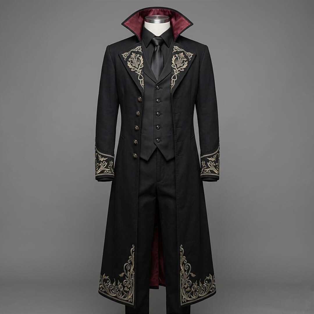 Vampire Formal Men's Gothic Vampire 3-piece Suit, Black Victorian Frock Coat ...