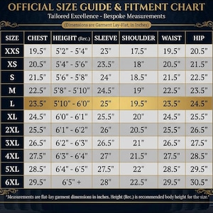 May include: An official size guide and fitment chart for tailored excellence and bespoke measurements. The chart includes chest, height, sleeve, shoulder, waist, and hip measurements in inches for sizes XXS to 6XL. The height is recommended body height for the size.