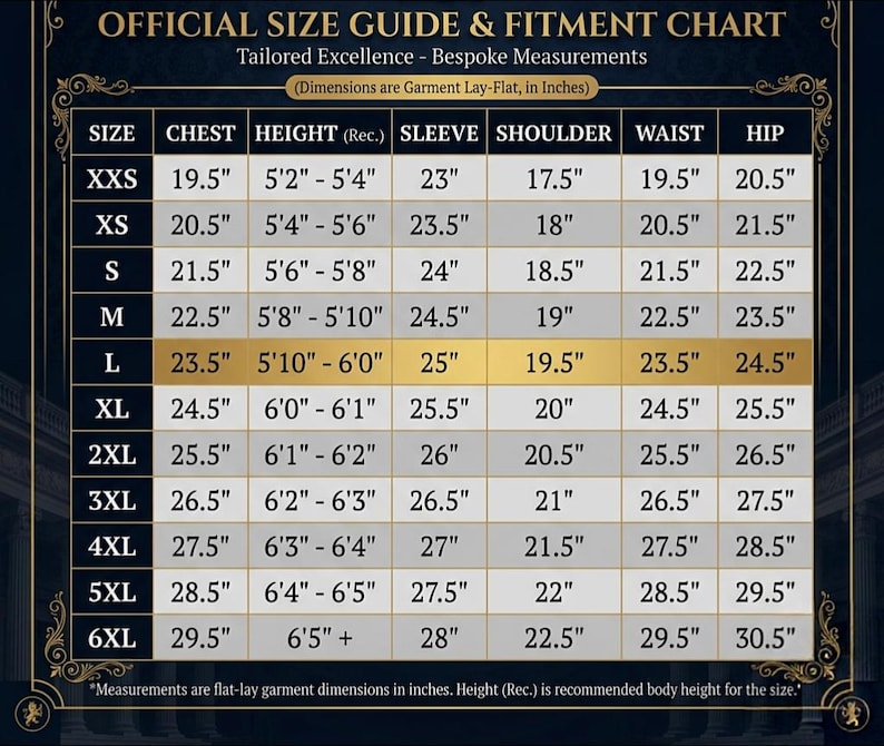 May include: An official size guide and fitment chart for tailored excellence and bespoke measurements. The chart includes chest, height, sleeve, shoulder, waist, and hip measurements in inches for sizes XXS to 6XL. The height is recommended body height for the size.