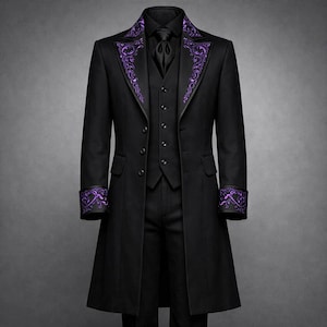 May include: A black formal suit comprising a long coat, waistcoat, and trousers. The coat is adorned with detailed purple embroidery on the lapels and cuffs. The ensemble includes a matching black tie, set against a grey background.