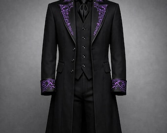 Men’s Black Gothic Long Coat Suit with Purple Embroidery – Victorian 3 Piece Frock Coat, Vampire Aesthetic Wedding Outfit, Luxury Menswear
