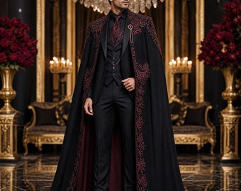 Men’s Gothic Wedding Cape Suit, Black & Red Victorian Embroidered Formal Tuxedo, Regal Vampire Groom Outfit, Luxury Gothic Prom Cape Costume