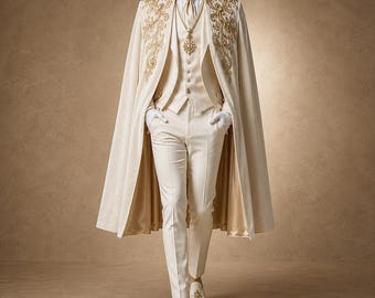 May include: A cream-colored suit featuring a matching cape with intricate gold embroidery on the shoulders, a vest, a collared shirt with a tie, and trousers. The ensemble includes a gold pendant necklace and cream shoes with gold embroidery.