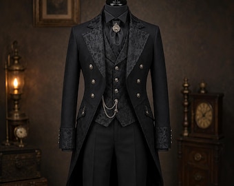 Black Gothic Victorian Tailcoat 3 Piece Suit for Men, Gothic Wedding Tuxedo, Vampire Groom Outfit, Aristocrat Steampunk Formal Wear