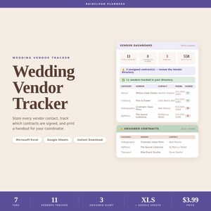 Wedding Vendor Tracker Spreadsheet | Contracts & Contacts | Excel and Google Sheets | Vendor Directory | Editable Template