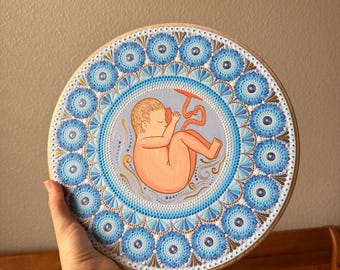 Mandala-schilderij: foetus in utero, zwangerschapskunst, moederschapssymbool, spirituele inrichting kinderkamer